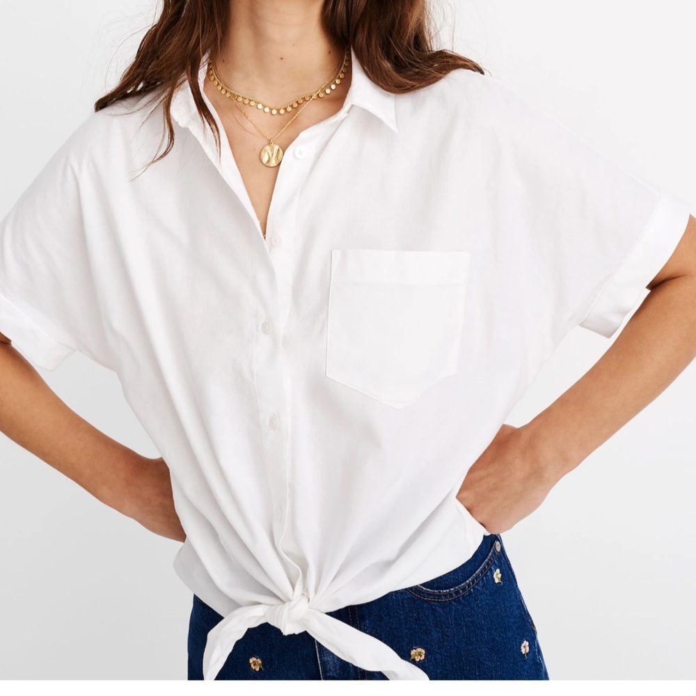 Madewell White Casual Short Sleeve Tie Front Shirt